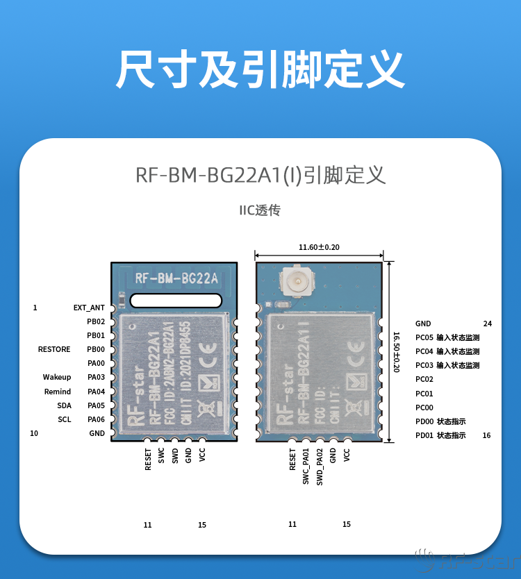 EFRE2BG22系列藍(lán)牙模塊尺寸及引腳定義